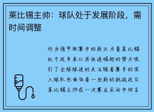 莱比锡主帅：球队处于发展阶段，需时间调整