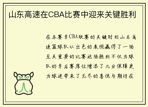 山东高速在CBA比赛中迎来关键胜利